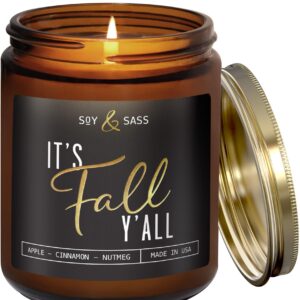 Fall Candles - 'It's Fall Yall' Fall Candle w/Apple Cinnamon & Nutmeg I Infused with Essential Oils I Autumn Fall Scented Candles I Cozy Cute Fall Décor Fall Gifts I 9oz Jar I 50Hr Burn I Made in USA