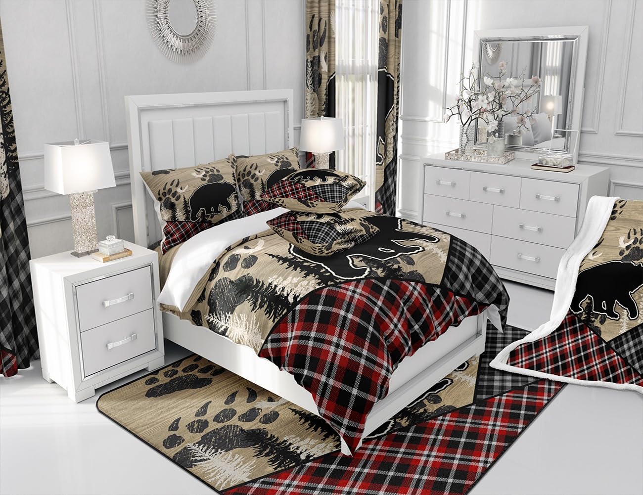 Retro Farmhouse Comforter Cover Bear Patchwork Bedding Set,Brown Wood Country Cabin Duvet Cover King Woodland Animals Dark Shadows Rustic Decor,Red Black Lattice Checkered Buffalo Plaid Decor