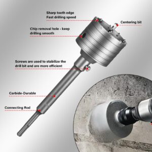 SALI Concrete Hole Saw Kits 4-1/8"（105mm） Tungsten Steel Wall Hole Cutter Drill Bit Sets with 220mm SDS Plus Shank Connecting Rod，110mm Center Positioning Drill Bits for Cinder Block,Brick,Adobe Wall