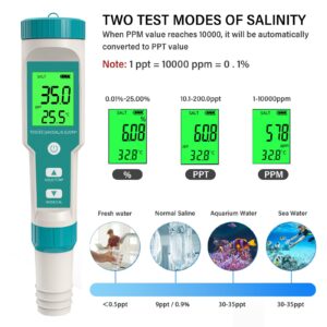 Yewhick Pool Salt Tester Yewhick pH and Salt Meter for Saltwater Pool pH Tester and Digital Salinity Tester 7 in 1 Salinity Meter for Swimming Pools Hot Tubs and Swim Spas