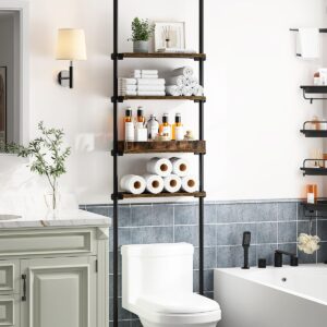 ALLZONE 4-Tier Over The Toilet Storage Shelf, Wood Bathroom Organizer Over Toilet Cabinet with Adjustable Shelf, Versatile Rack Fits Most Tight Space, Easy Assembly, 92" to 116" Height, Rustic Brown