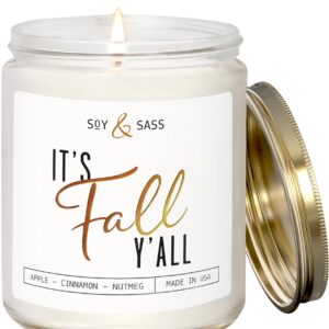 Fall Candles - 'It's Fall Yall' Fall Candle w/Apple Cinnamon & Nutmeg I Infused with Essential Oils I Autumn Fall Scented Candles I Cozy Cute Fall Décor Fall Gifts I 9oz Jar I 50Hr Burn I Made in USA