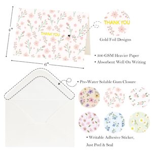 Crisky 50 Pack Floral Thank You Cards with Envelopes & Stickers for Birthday, Baby Shower,Bridal Shower, Wedding, Graduation, Business. 6 Assorted Full Version of Gold Stamping Wild Flower Design