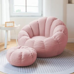 deshva stuffed animal bean bag storage chair, ultra soft memory foam bean bag chair, imitation teddy fur, washable, stuffable zipper beanbag cover for organizing plush toys,pink