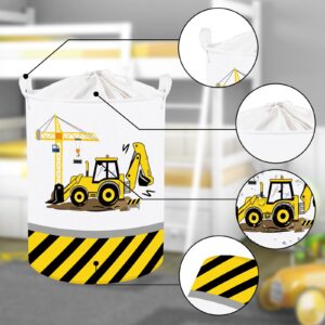 Clastyle 45L Cartoon Yellow Excavator Boys Laundry Basket Bulldozer Crane Engineering Vehicles Kid Hamper Round Toys Clothes Storage Baskets with Drawstring