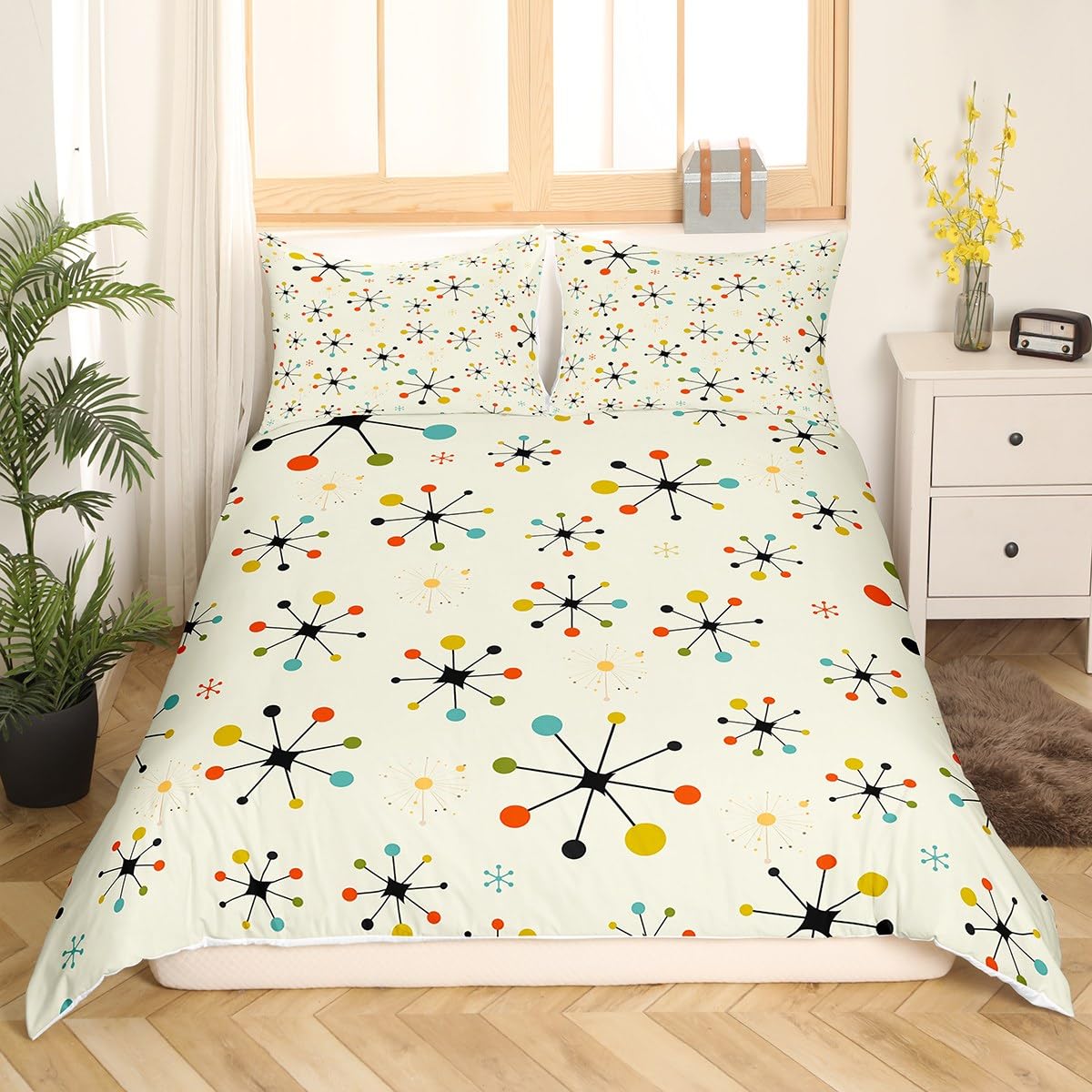 Erosebridal Modern Mid Century Duvet Cover Queen Retro Atomic Bedding Set, Rainbow Grid Comforter Cover Vintage Fifties 1950s Bed Set, Aesthetic Abstract Art Bedding Beige 3pcs (Zipper Closure)