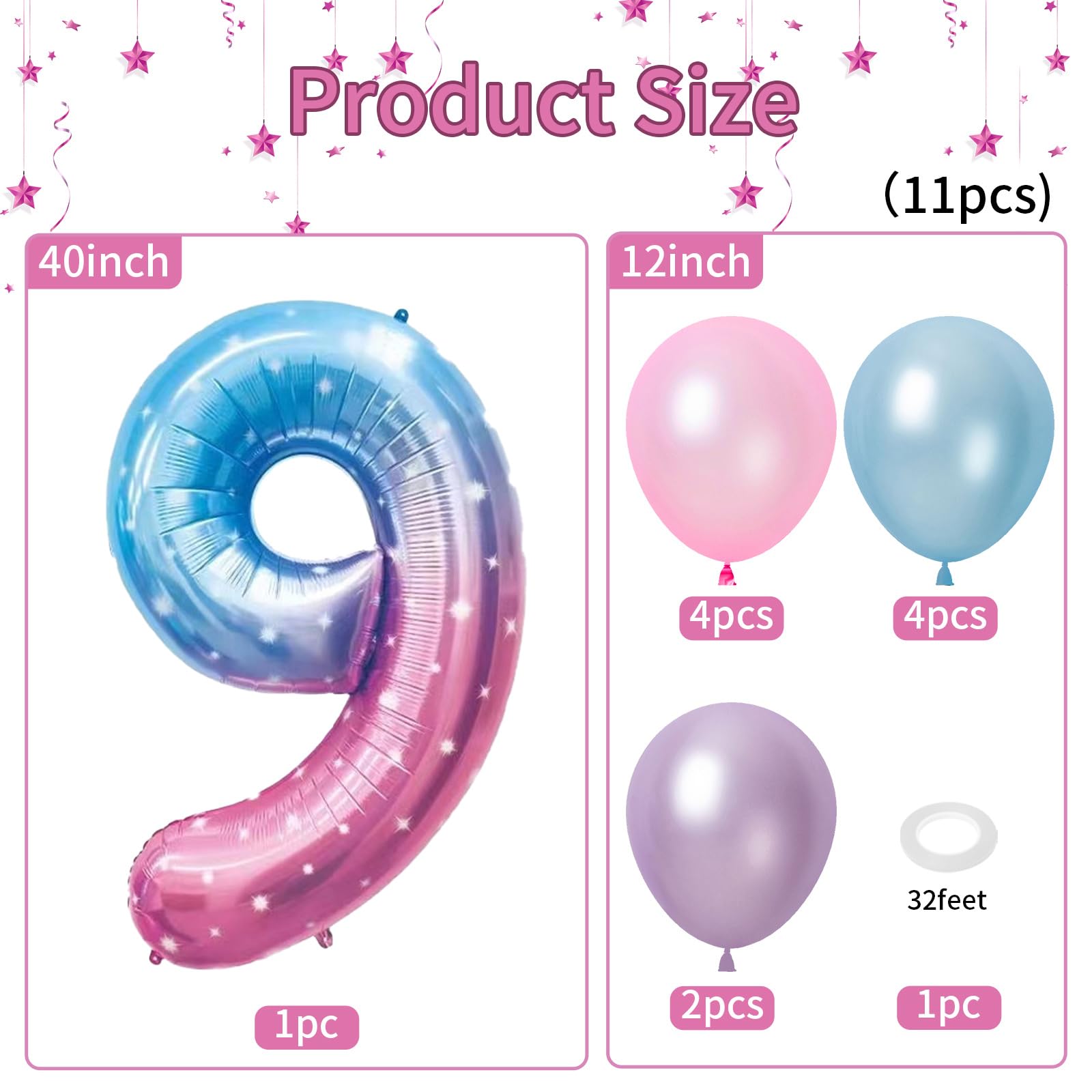 40 Inch Gradient Blue Pink Number 9 Balloon, 9th Birthday Balloons, 11Pcs Pearl Light Purple Pink Blue Latex Balloons 9 Foil Balloon for Kids Girl 9th Birthday Mermaid Party Decorations Anniversary