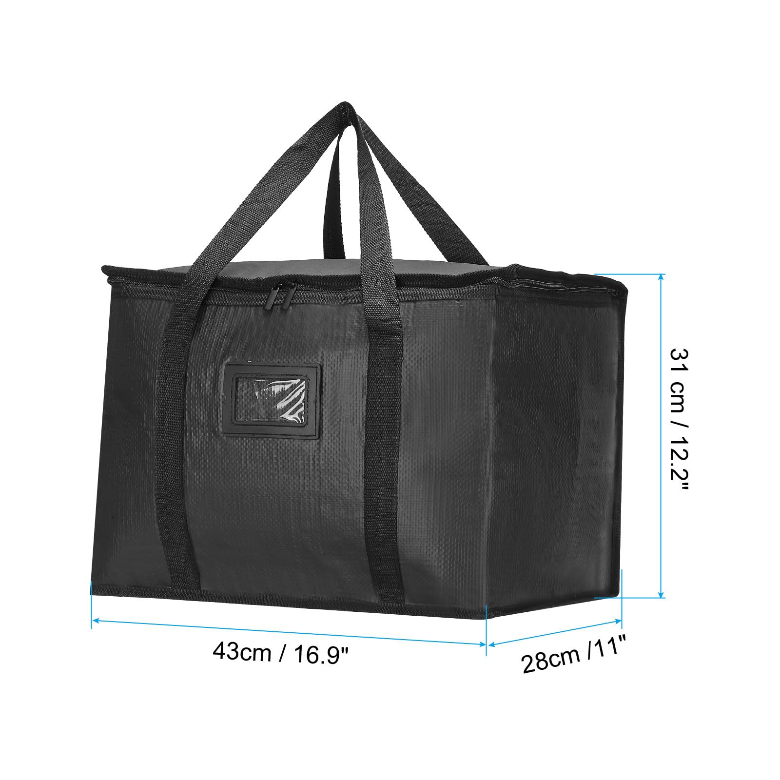 PATIKIL 16.9"x11"x12.2" Insulated Reusable Grocery Bag, Food Delivery Insulated Cooler Tote Bag with Zipper/Clear Card Slot Collapsible for Hot Cold Transport Shopping, Black