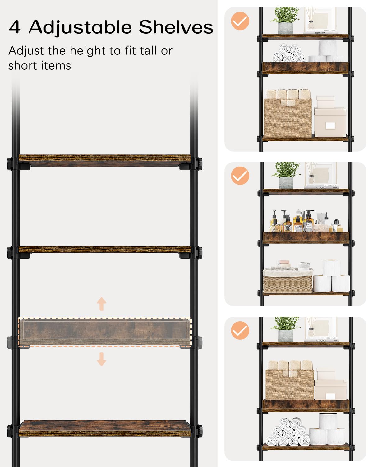 ALLZONE 4-Tier Over The Toilet Storage Shelf, Wood Bathroom Organizer Over Toilet Cabinet with Adjustable Shelf, Versatile Rack Fits Most Tight Space, Easy Assembly, 92" to 116" Height, Rustic Brown