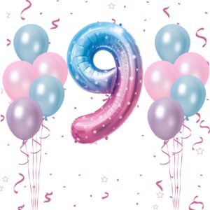 40 inch gradient blue pink number 9 balloon, 9th birthday balloons, 11pcs pearl light purple pink blue latex balloons 9 foil balloon for kids girl 9th birthday mermaid party decorations anniversary