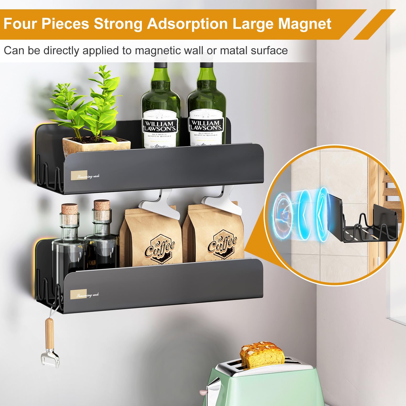 Magnetic Spice Rack for Refrigerator, Magnetic Shelf Fridge Spice Rack Organizer 2 Pack with 8 Hooks, Moveable Strong Magnetic Seasoning Organizer and Shelf for Kitchen Refrigerator Microwave