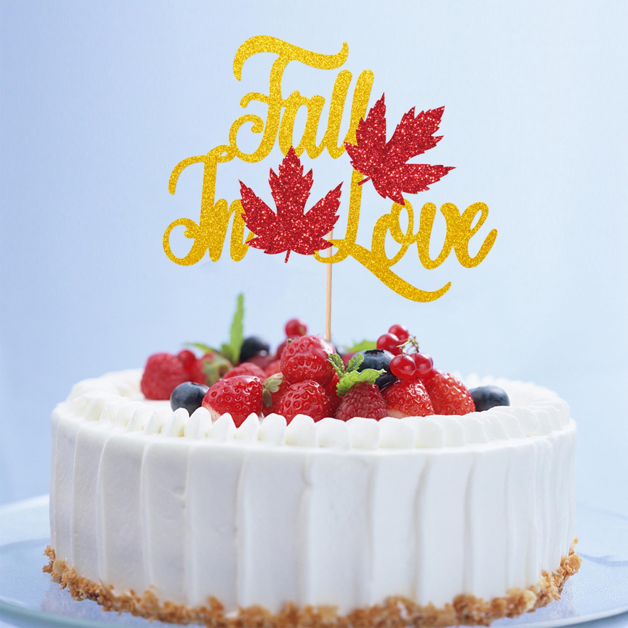 Fall in Love Cake Topper - Glitter Gold Engagement Cake Topper,Fall Wedding, Bridal Shower Decoration - Fall Leaves Cake Topper for Autumn Wedding Anniversary Party Supplies