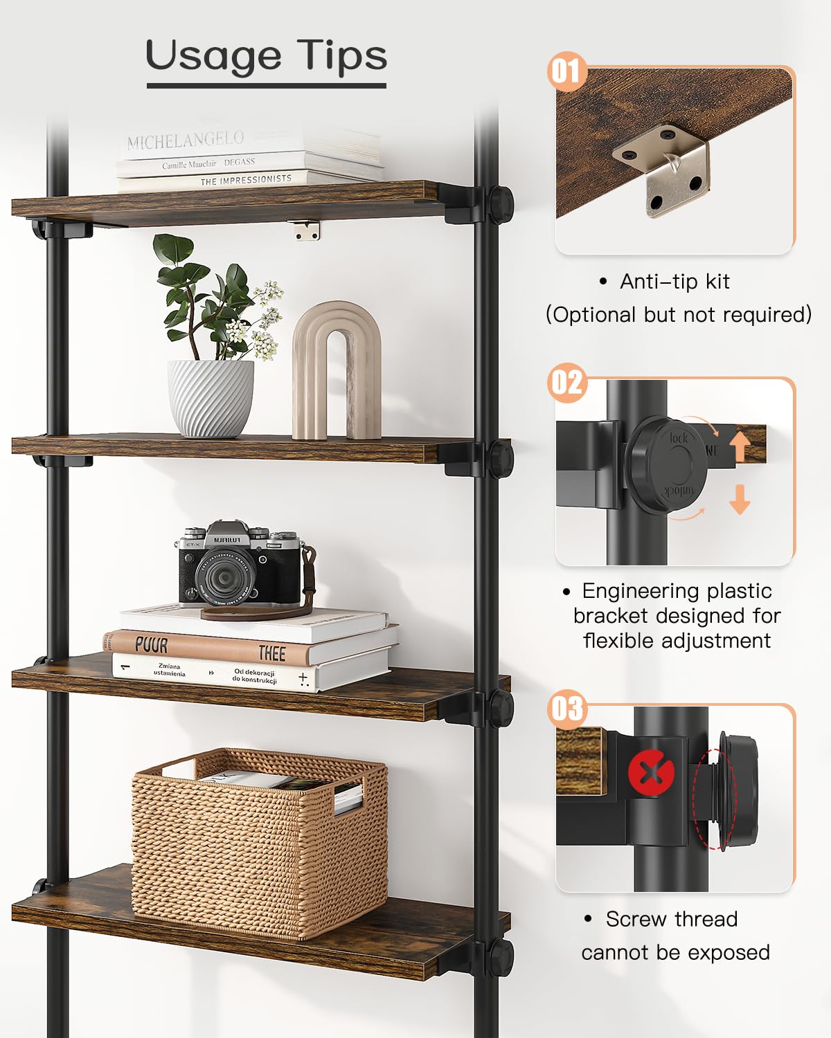 ALLZONE 5 Tiers Narrow Bookshelf, Tall Adjustable Ladder Book Shelf with Open Storage, Floor to Ceiling Tension Mount, Wooden Industrial Bookcase for Living Room, 92 to 116 Inch, Brown