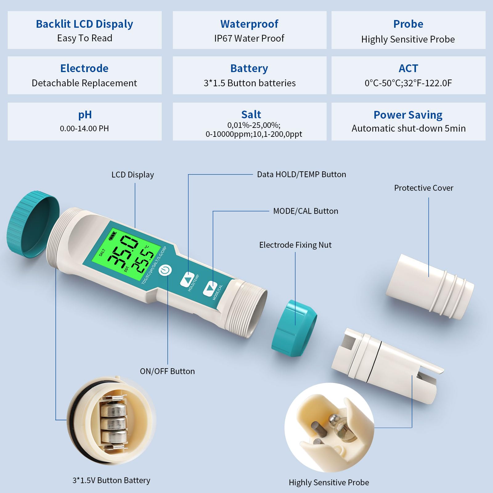 Yewhick Pool Salt Tester Yewhick pH and Salt Meter for Saltwater Pool pH Tester and Digital Salinity Tester 7 in 1 Salinity Meter for Swimming Pools Hot Tubs and Swim Spas