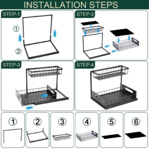 Houocon Under Sink Organizers and Storage, 2-Tier Under Bathroom Cabinet Organizer with Hooks, Pull Out Cabinet Organizer Under Kitchen Sink, Black, Metal