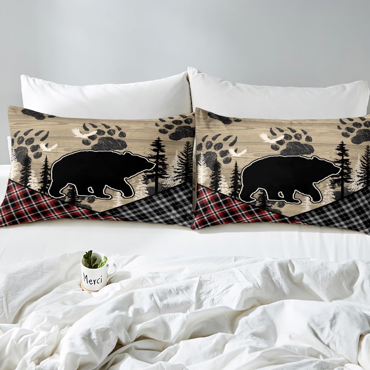 Retro Farmhouse Comforter Cover Bear Patchwork Bedding Set,Brown Wood Country Cabin Duvet Cover King Woodland Animals Dark Shadows Rustic Decor,Red Black Lattice Checkered Buffalo Plaid Decor