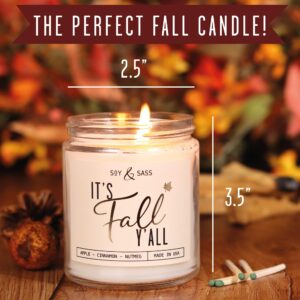 Fall Candles - 'It's Fall Yall' Fall Candle w/Apple Cinnamon & Nutmeg I Infused with Essential Oils I Autumn Fall Scented Candles I Cozy Cute Fall Décor Fall Gifts I 9oz Jar I 50Hr Burn I Made in USA