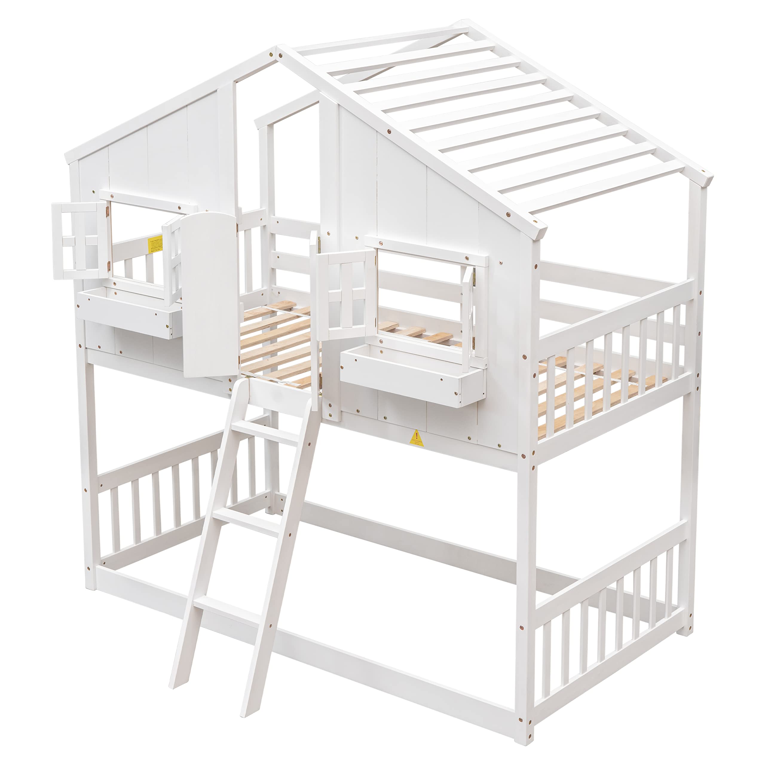 BOVZA Twin Over Twin House Bunk Beds with Roof and Window Door, Window Box, Ladder, Wood Playhouse Bunk Bed for Kids Girls Boys Teens, White