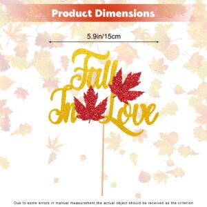 Fall in Love Cake Topper - Glitter Gold Engagement Cake Topper,Fall Wedding, Bridal Shower Decoration - Fall Leaves Cake Topper for Autumn Wedding Anniversary Party Supplies