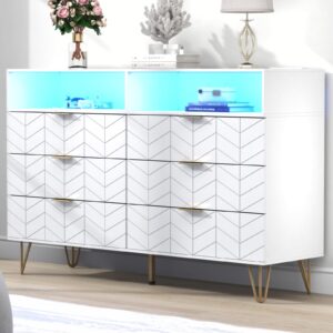 loomie 6 drawers double dresser with power outlet & led light,white long dresser chests of drawers with storage cubby,wood wide tv dresser stand for up to 55" for bedroom,hallway,entryway