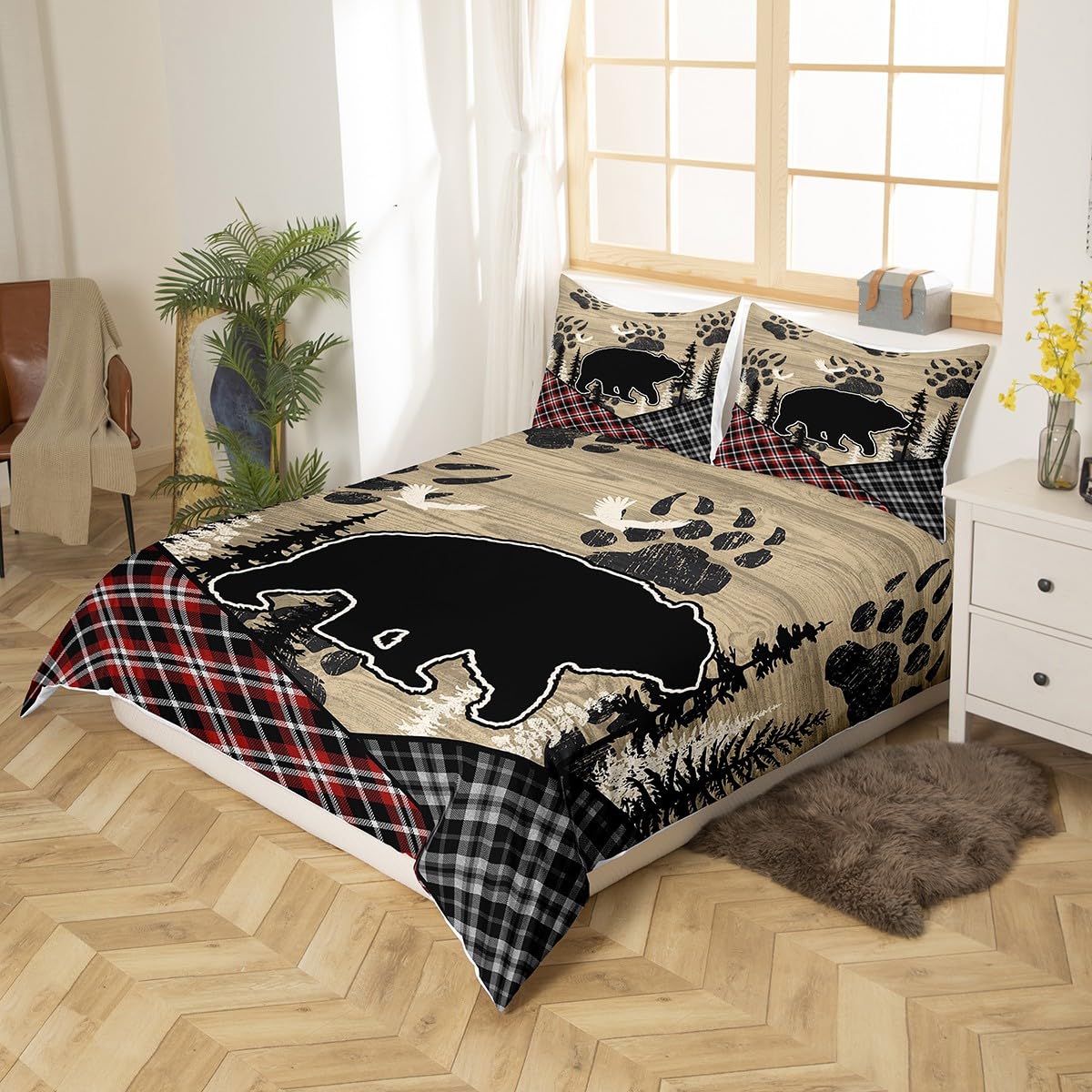 Retro Farmhouse Comforter Cover Bear Patchwork Bedding Set,Brown Wood Country Cabin Duvet Cover King Woodland Animals Dark Shadows Rustic Decor,Red Black Lattice Checkered Buffalo Plaid Decor