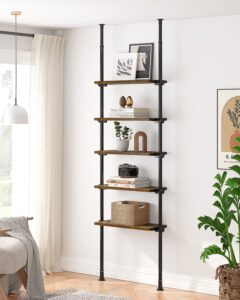 allzone 5 tiers narrow bookshelf, tall adjustable ladder book shelf with open storage, floor to ceiling tension mount, wooden industrial bookcase for living room, 92 to 116 inch, brown