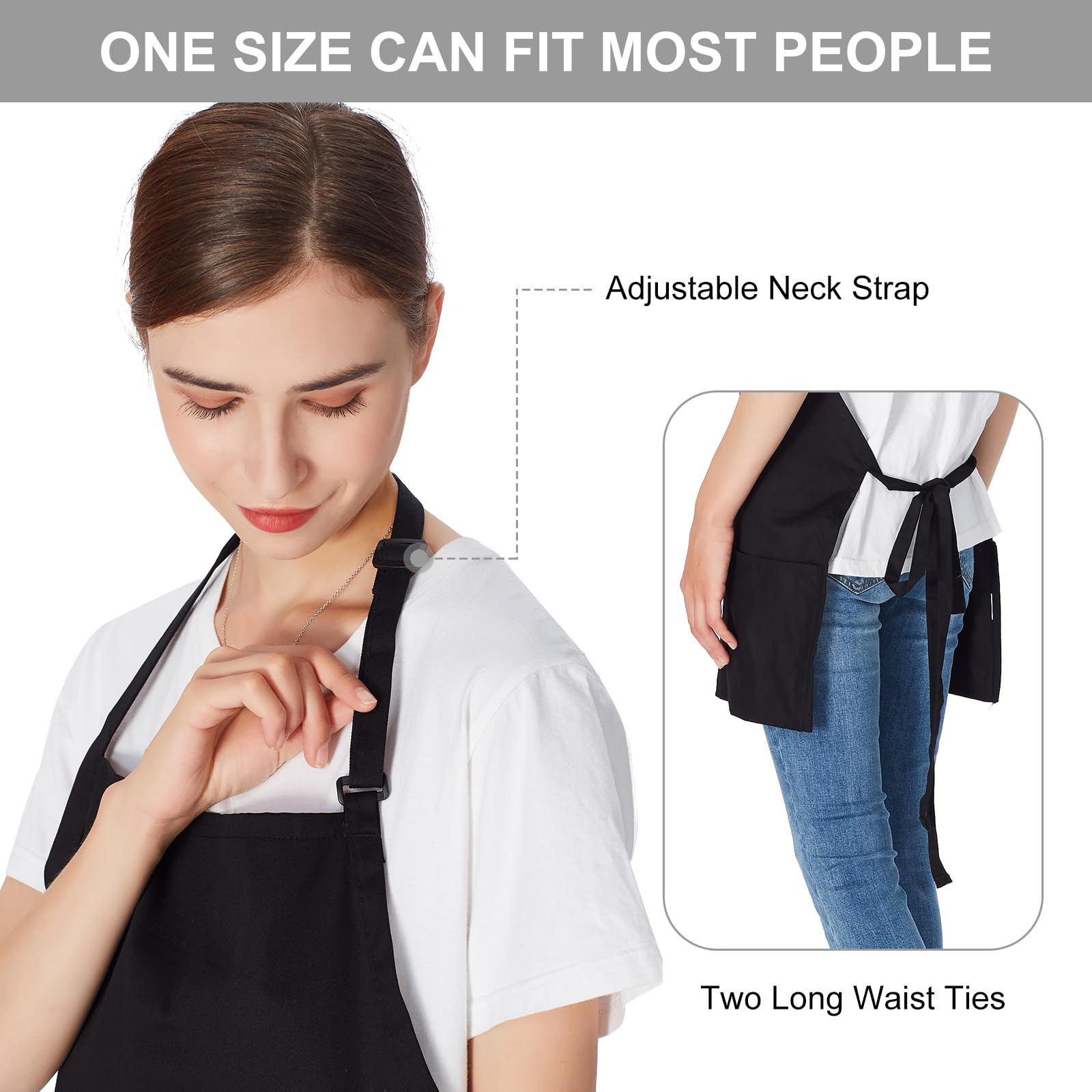 Jubatus 2 Pack 3 Pockets Adjustable Bib Apron 65% Polyester 35% Cotton Fabric Chef Kitchen Cooking Aprons for Women Men, Black