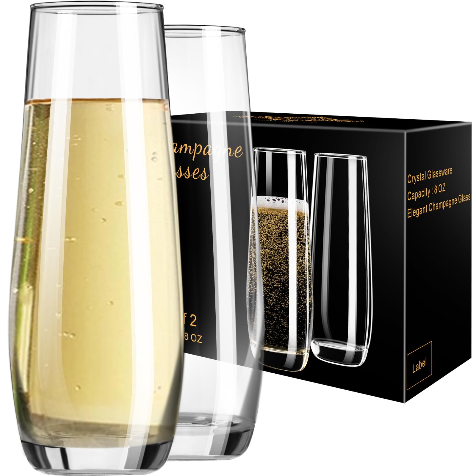 PARACITY Stemless Champagne Flutes, Champagne Glasses Set of 2, Elegant 8 oz Glass Champagne Flutes, Sparkling Stemless Champagne Flutes, Gift for Birthday, Wedding, Christmas