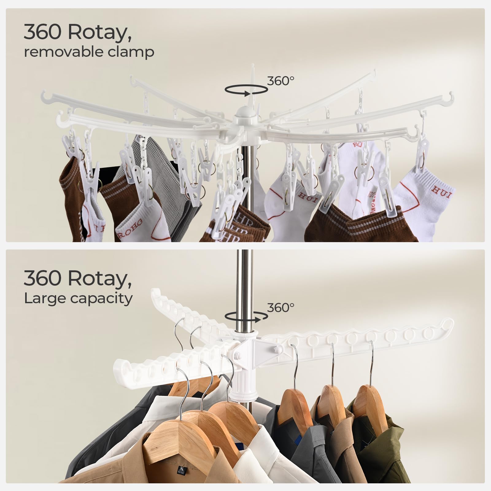 RudyHousee Clothes Drying Rack, 72 Inch Tripod Laundry Drying Rack 2 Tier, Folding Steamer Stand, Garment Rack for Hangers, for Saving Sapce, Clothes Storage, Metal Frame, Indoor Outdoor, White