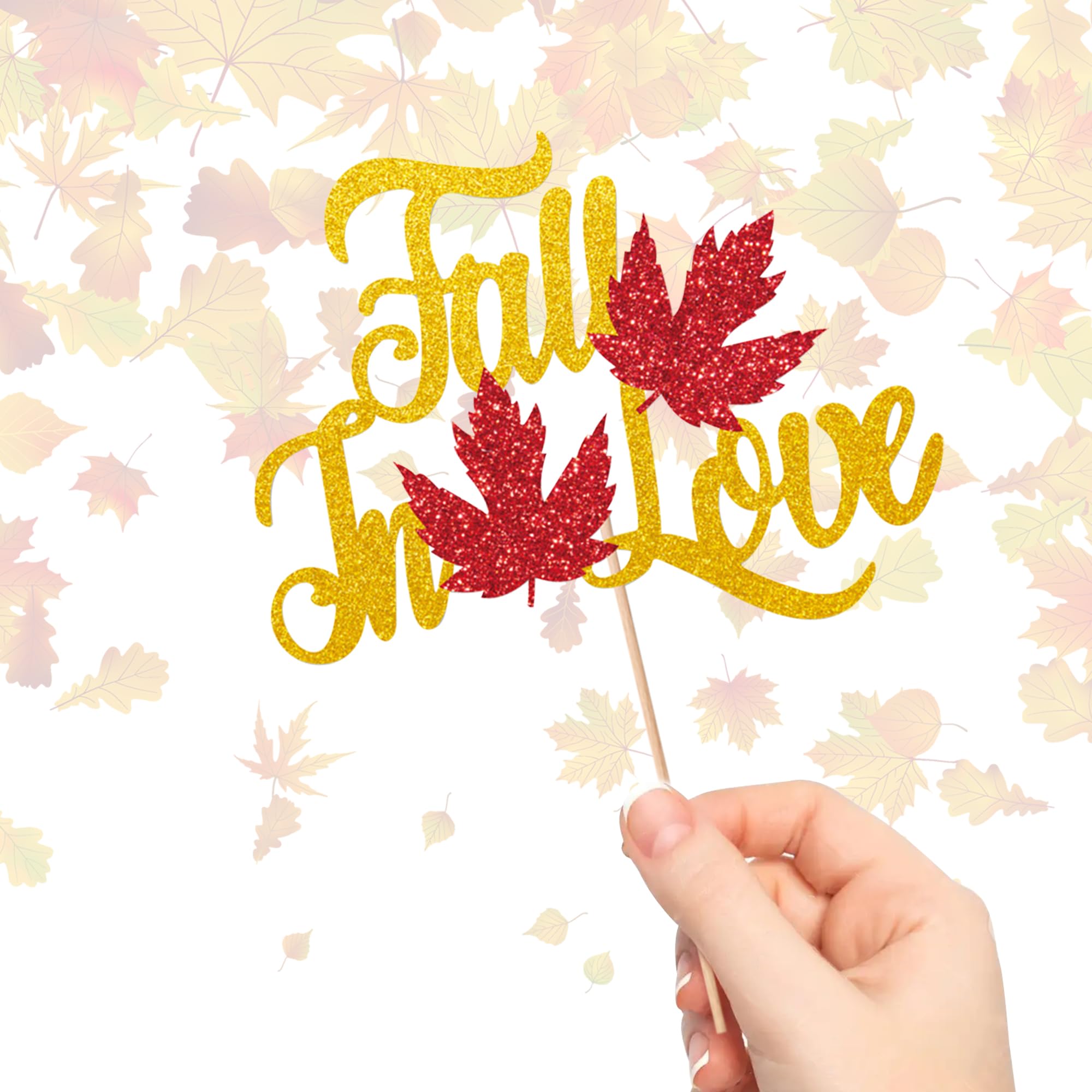 Fall in Love Cake Topper - Glitter Gold Engagement Cake Topper,Fall Wedding, Bridal Shower Decoration - Fall Leaves Cake Topper for Autumn Wedding Anniversary Party Supplies