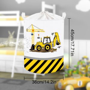 Clastyle 45L Cartoon Yellow Excavator Boys Laundry Basket Bulldozer Crane Engineering Vehicles Kid Hamper Round Toys Clothes Storage Baskets with Drawstring