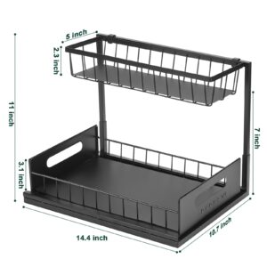 Houocon Under Sink Organizers and Storage, 2-Tier Under Bathroom Cabinet Organizer with Hooks, Pull Out Cabinet Organizer Under Kitchen Sink, Black, Metal