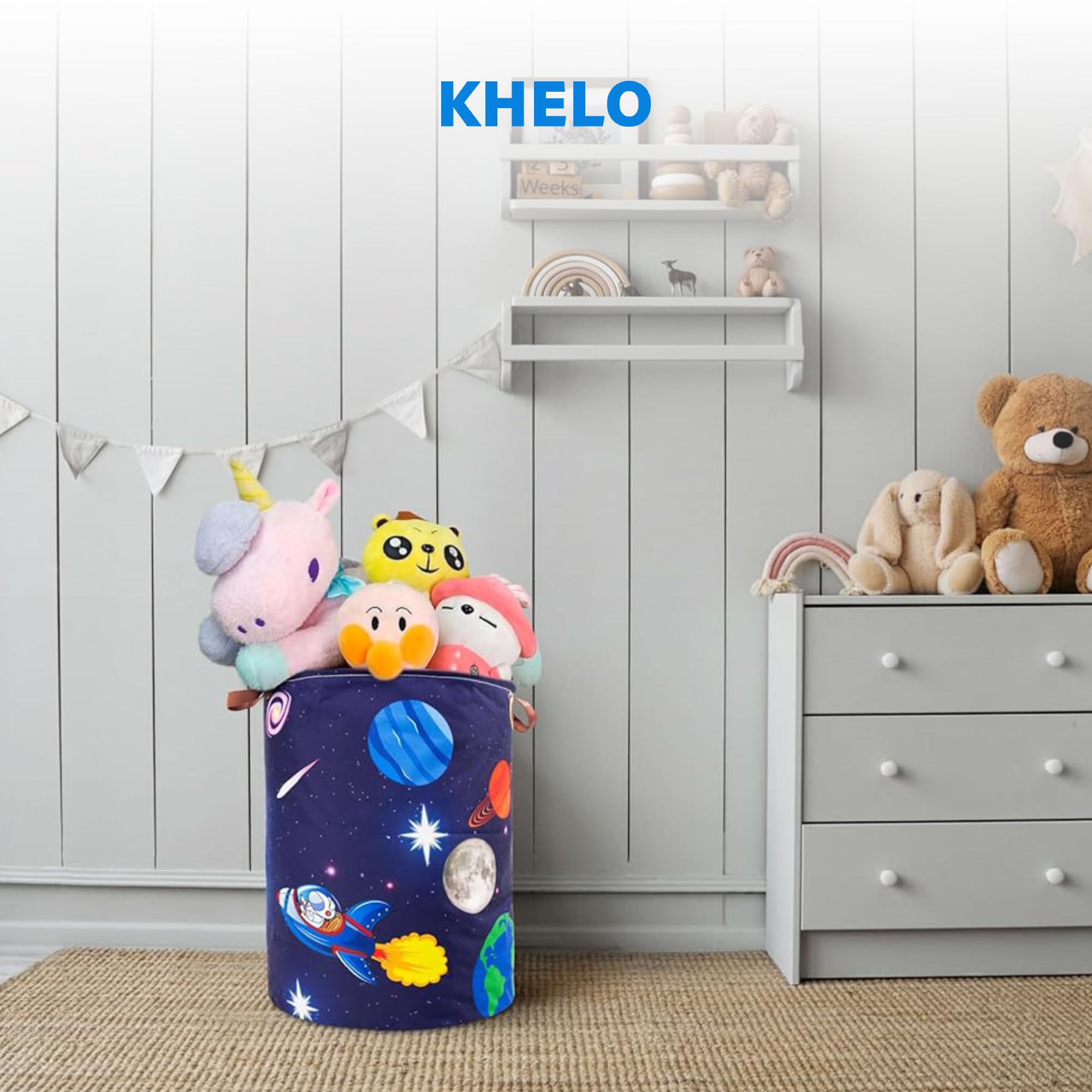 Khelo Kids Laundry Basket - Astronaut Space Rocket Themed - Canvas Laundry Hamper, Kids Clothes Storage for Boys & Girls - Toddler Laundry Basket - Waterproof Foldable Laundry Basket with Handles, 45L