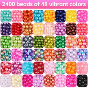 2400PCS Pearl Beads for Jewelry Making 48 Colorful 6mm Round Pearl Beads for Bracelets Making Kit Small Pearl Filler Beads for DIY Craft Necklace Earrings