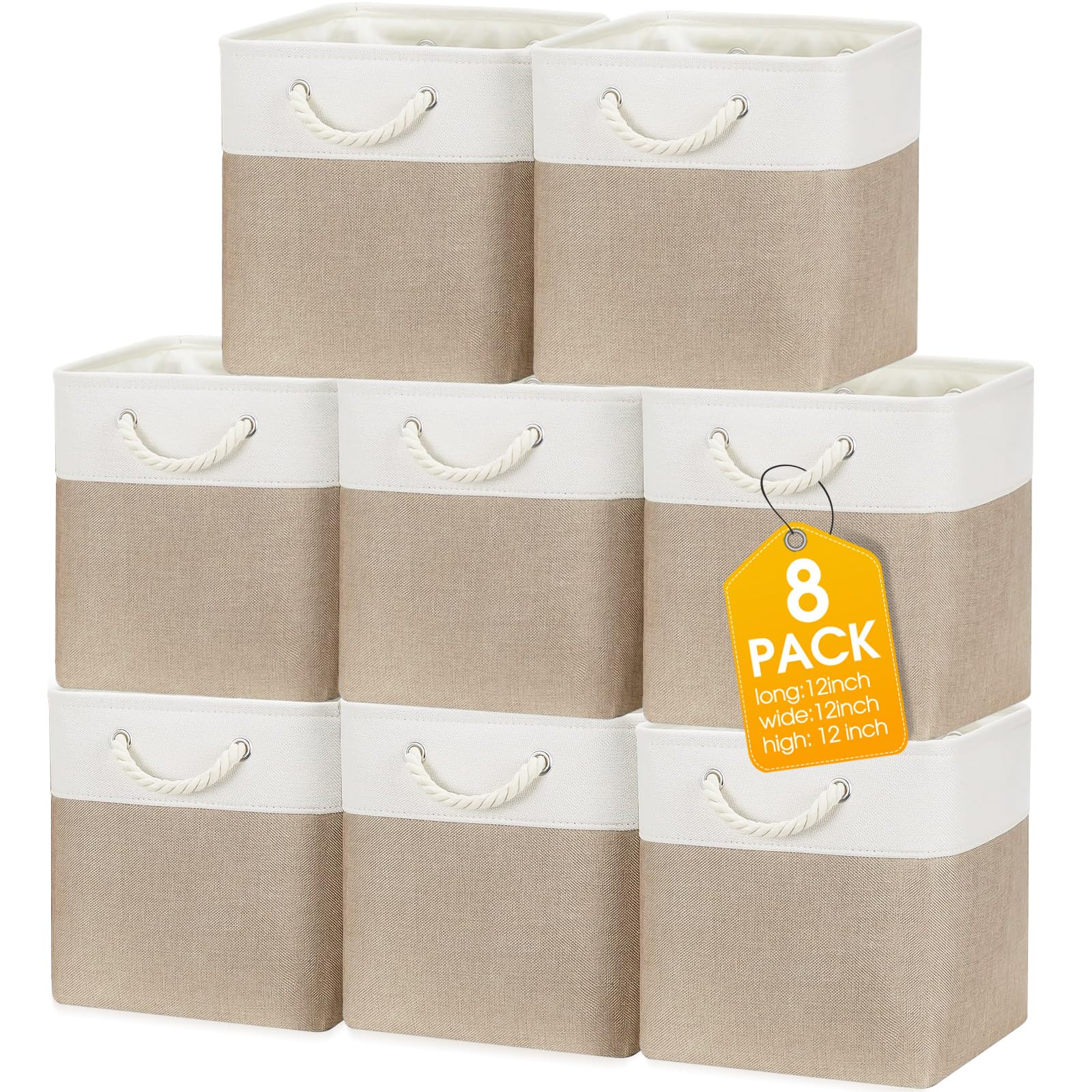 meekoo 8 Pack Collapsible Storage Bins Fabric Storage Bins Polyester Fabric Storage Baskets with Handles Linen Closet Organizer for Shelf Home Closet Towels Toys (Beige,12 x 12 x 12 In)