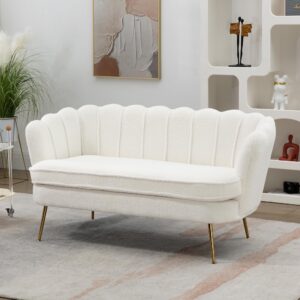 nnootk boucle teddy fabric small loveseat sofa with gold metal legs, 59” modern 2 seater sofa with flower backrest, couch for living room bedroom office (ivory white)