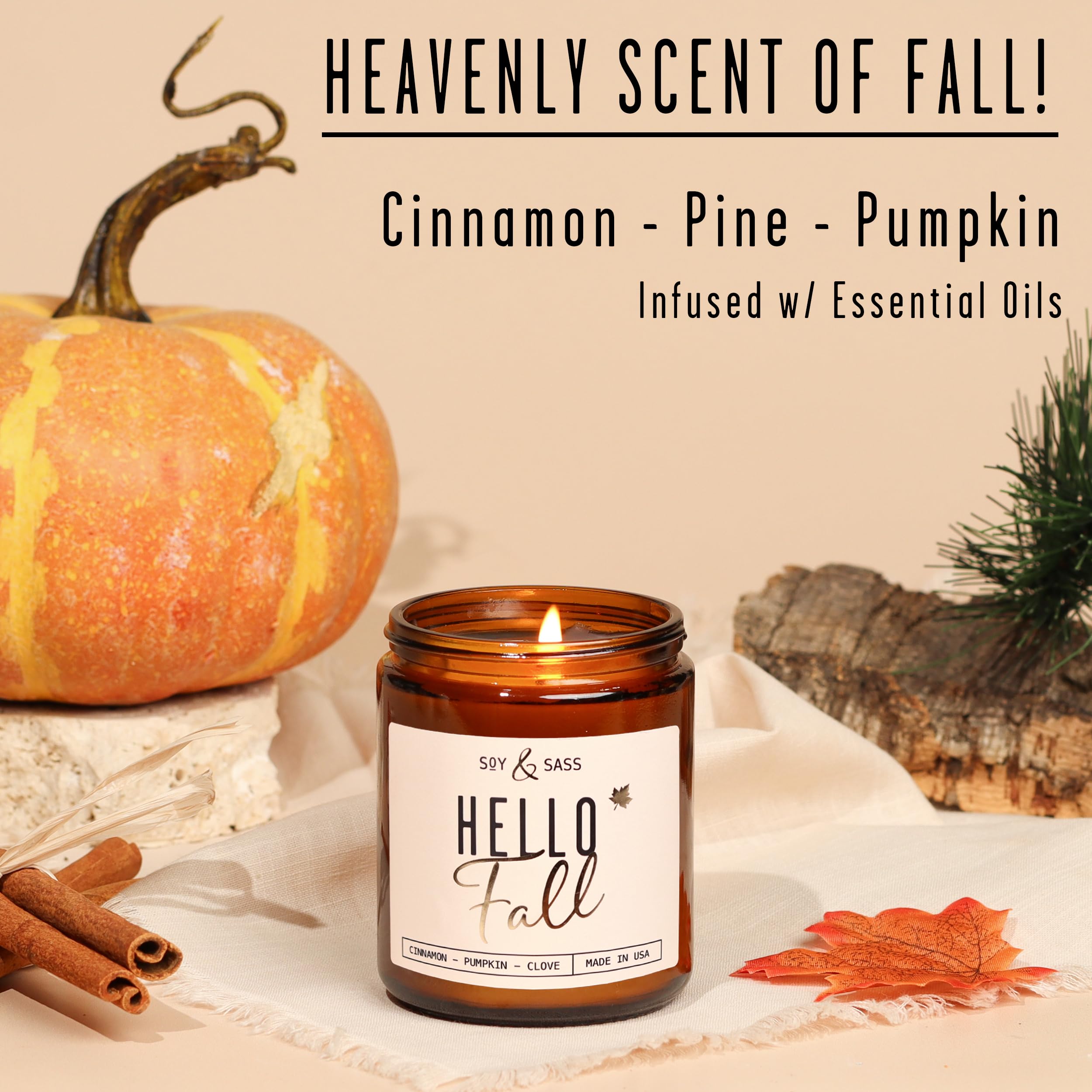 Fall Candles - 'Hello Fall Candle'' Autumn Scented Soy Candles for Home, Fall Scented Candles for Home, Fall Home Décor, 9oz Reusable Jar, 50Hr Burn, Made in USA