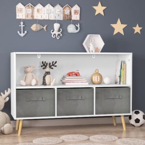 senviy kids bookcase with 3 fabric drawers, toy storage cabinet organizer, solid wood toddler bookshelf for boys & girls, grey