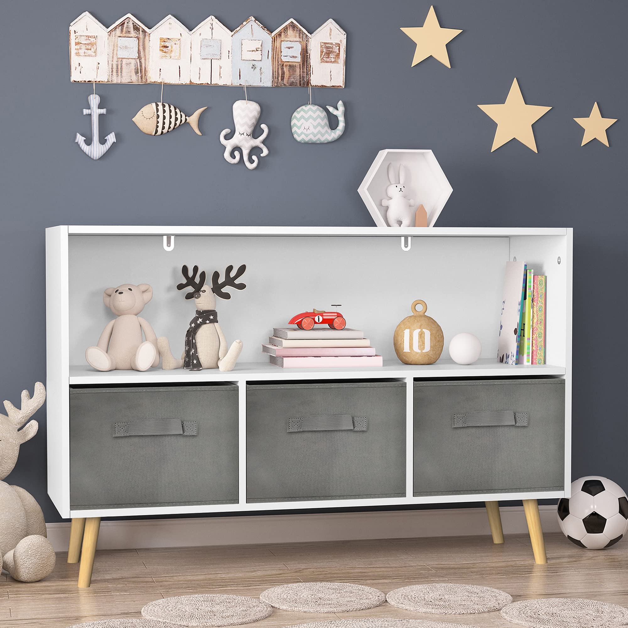 Senviy Kids Bookcase with 3 Fabric Drawers, Toy Storage Cabinet Organizer, Solid Wood Toddler Bookshelf for Boys & Girls, Grey