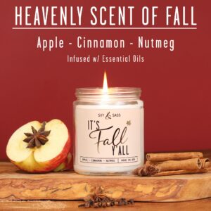 Fall Candles - 'It's Fall Yall' Fall Candle w/Apple Cinnamon & Nutmeg I Infused with Essential Oils I Autumn Fall Scented Candles I Cozy Cute Fall Décor Fall Gifts I 9oz Jar I 50Hr Burn I Made in USA