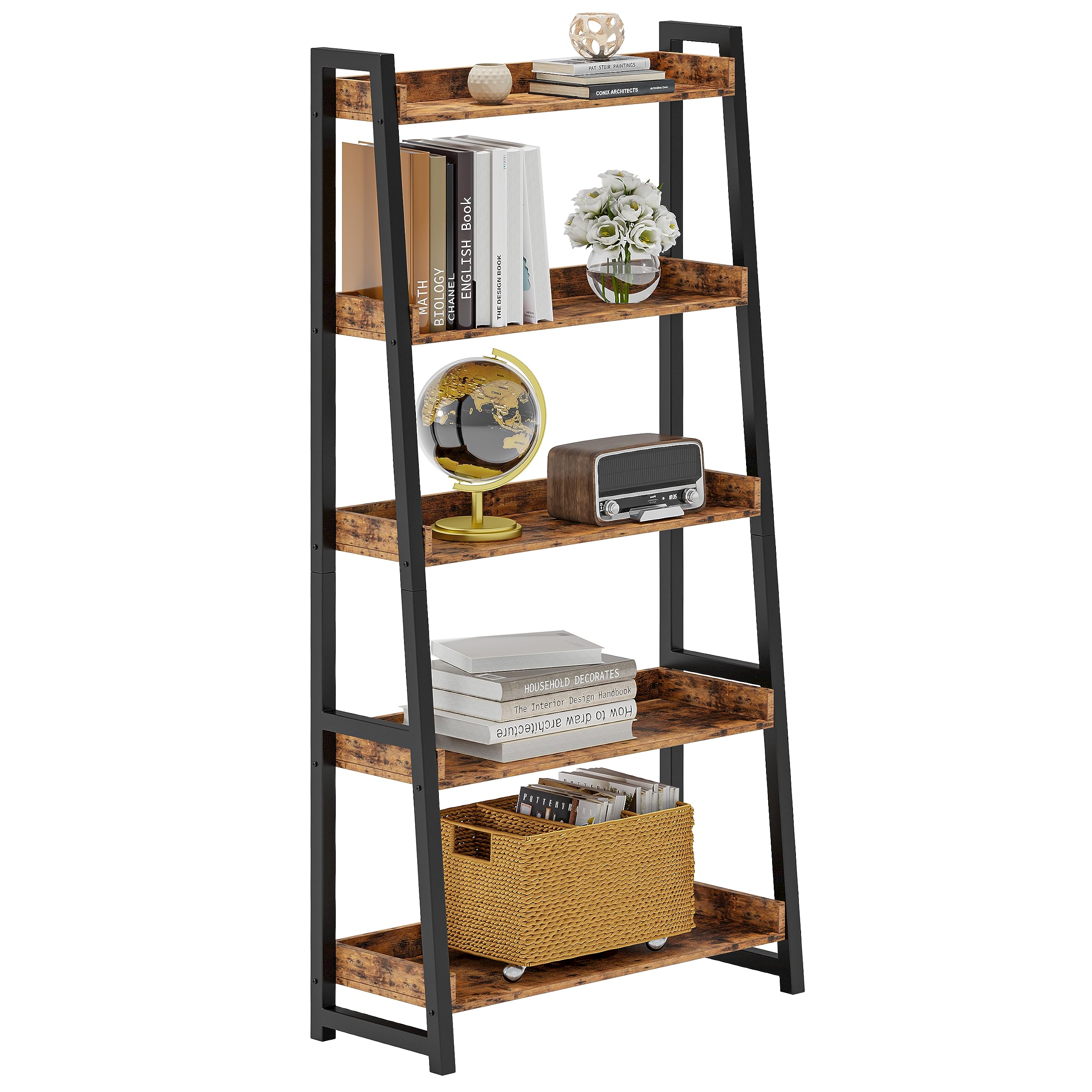 IRONCK Industrial Bookshelf 5-Tier 31.5 in Wide, Bookcase Ladder Shelf, Storage Shelves Rack Shelf Unit, Accent Furniture Metal Frame, Home Office Furniture for Bathroom, Living Room