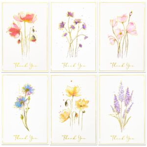 crisky 50 pack printable floral thank you cards with envelopes & stickers for birthday, baby shower,bridal shower, wedding, graduation, business. 6 assorted white gold watercolor floral design