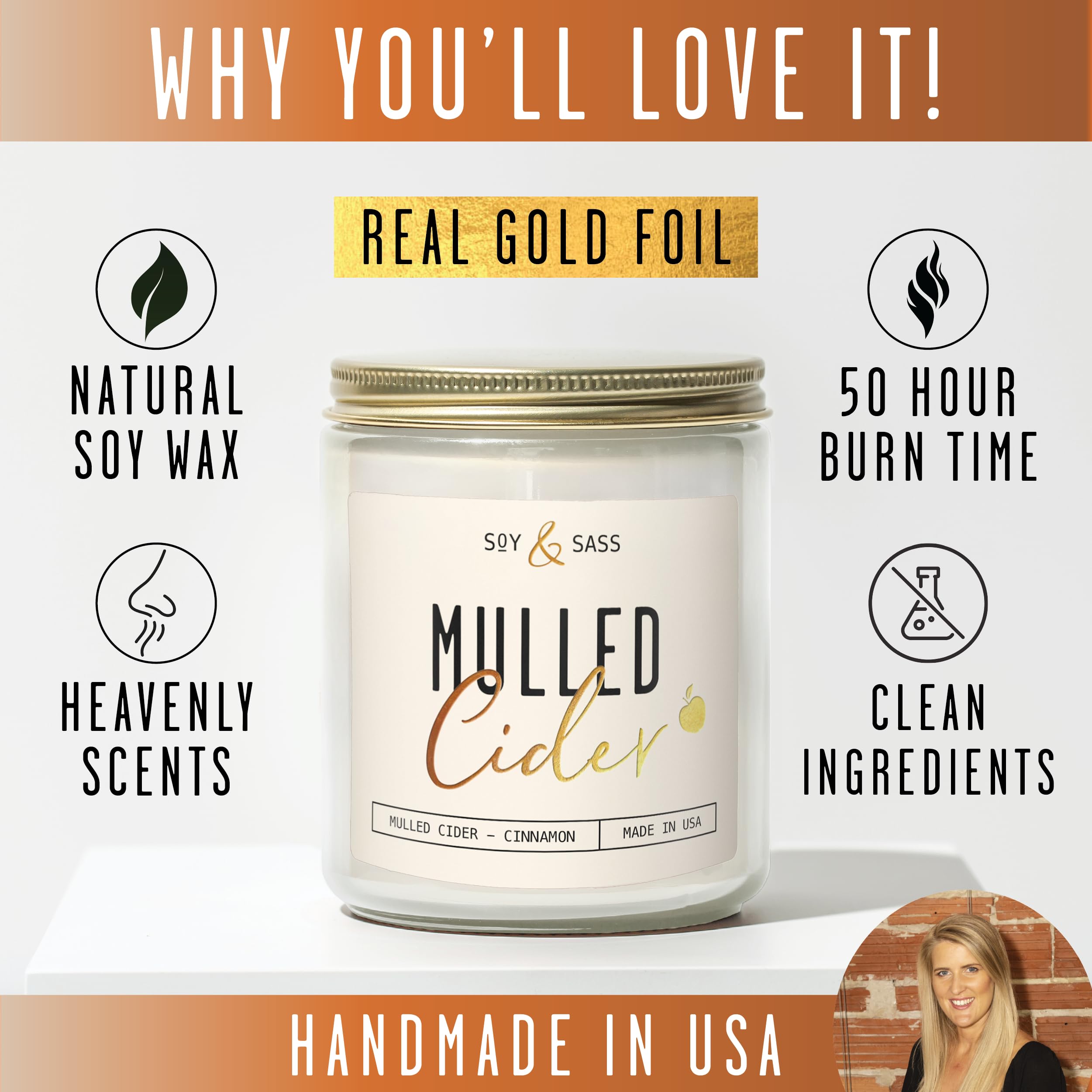 Mulled Cider Candle, Fall Candles I Apple Cider Candle w/Cinnamon & Nutmeg - Infused w/Essential Oils I Mulled Cider Fall Scented Candle (Soy) for Home I 9oz Reusable Jar I 50Hr Burn I Made in USA