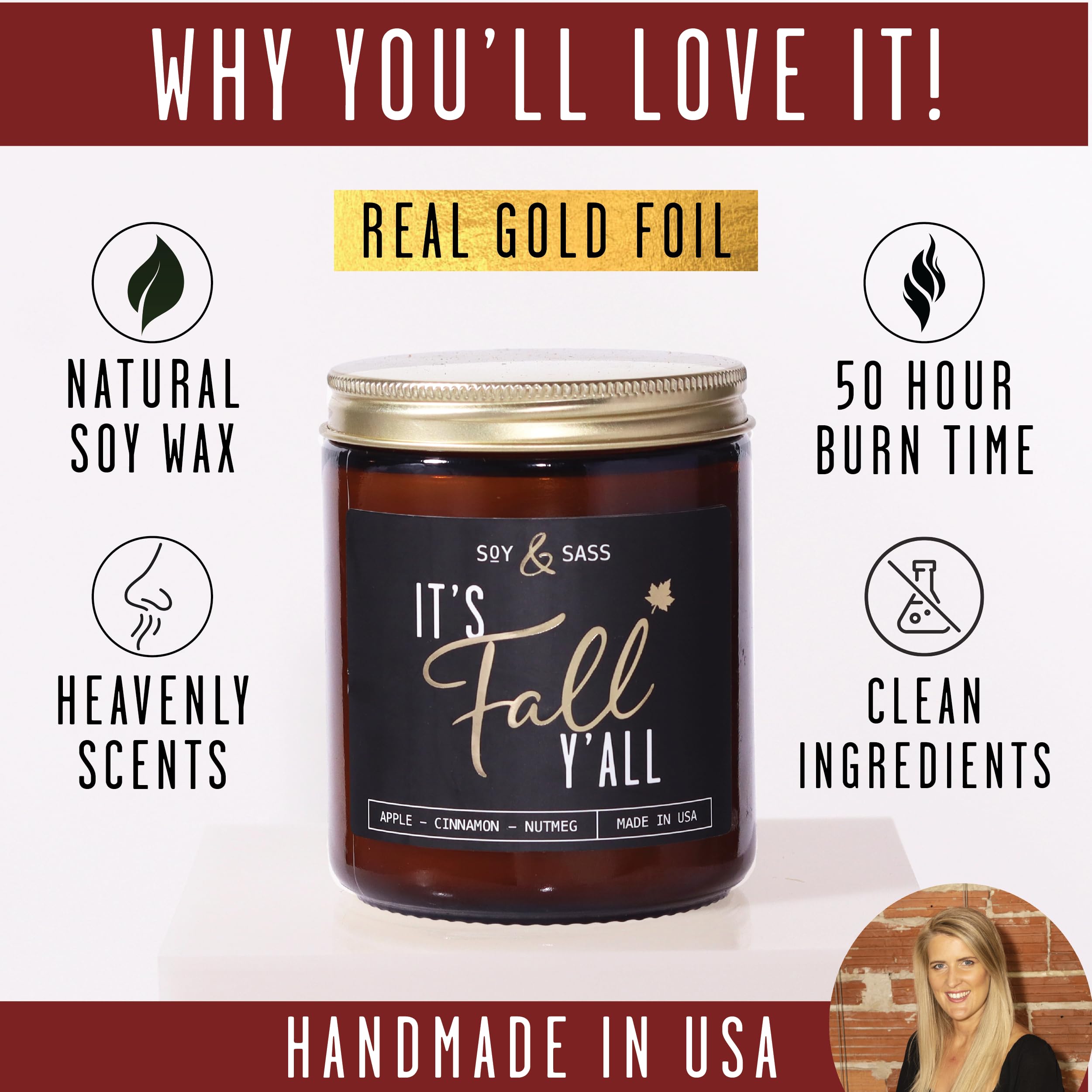 Fall Candles - 'It's Fall Yall' Fall Candle w/Apple Cinnamon & Nutmeg I Infused with Essential Oils I Autumn Fall Scented Candles I Cozy Cute Fall Décor Fall Gifts I 9oz Jar I 50Hr Burn I Made in USA