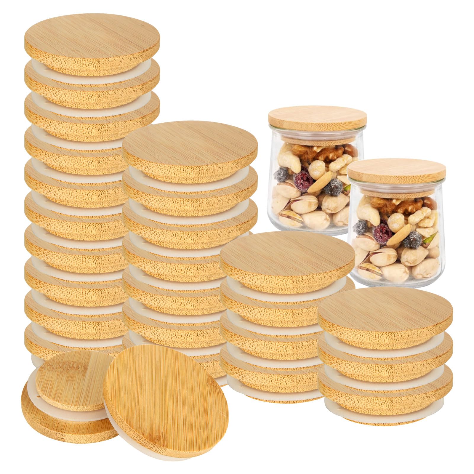 MIVIDE 24 Pack Yogurt Jar Lids Set, Natural Bamboo Oui Yogurt Jar Lids with Silicone Sealing Ring, Reusable Wooden Jar Lids for Mugs and Jars