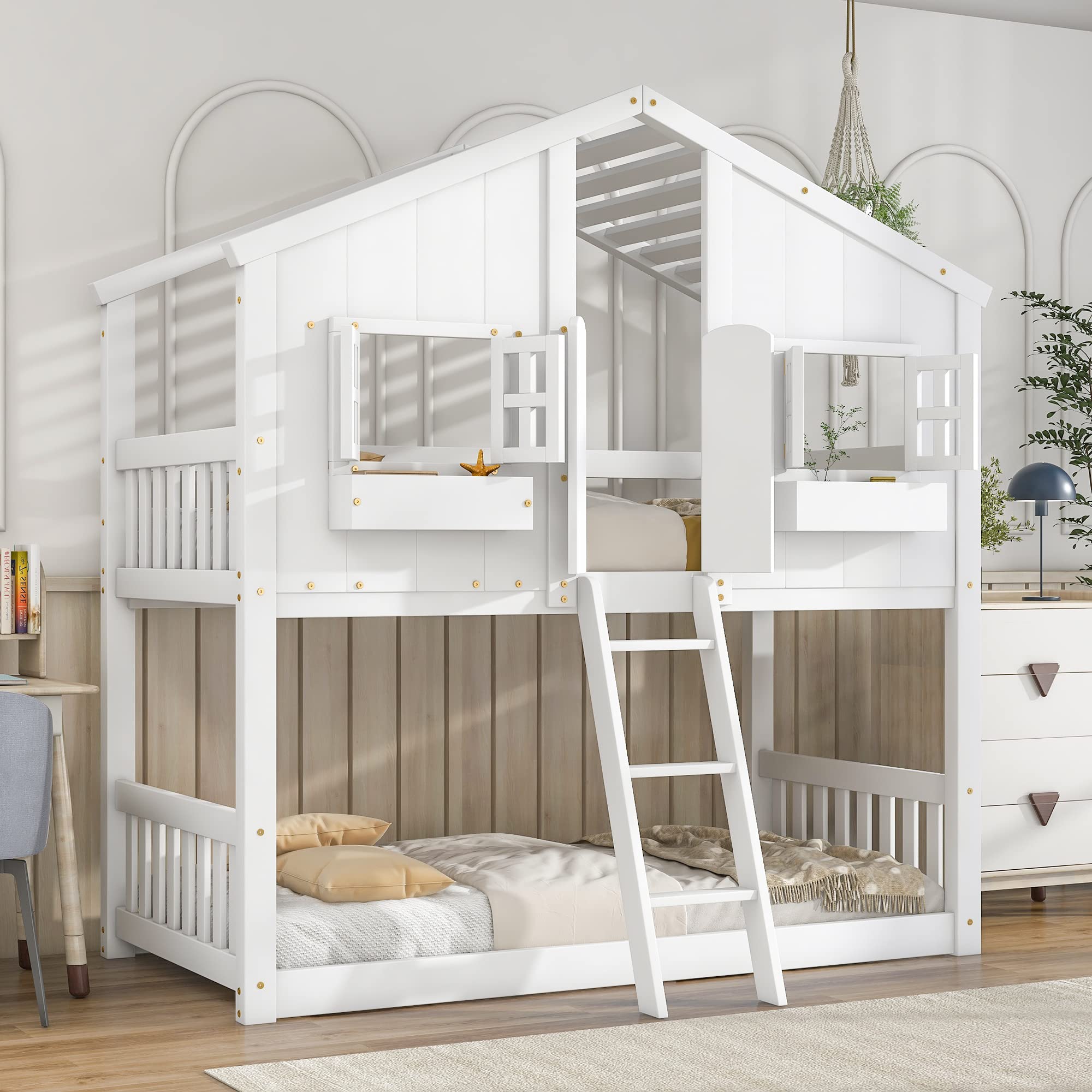 BOVZA Twin Over Twin House Bunk Beds with Roof and Window Door, Window Box, Ladder, Wood Playhouse Bunk Bed for Kids Girls Boys Teens, White