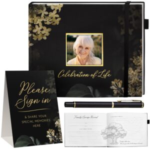 elegant black funeral guest book, 10 x 8 inches 120 pages guest book for funeral, 360 entries guest book for funeral and memory, memorial service guest book with pen and sign, memorial guest book