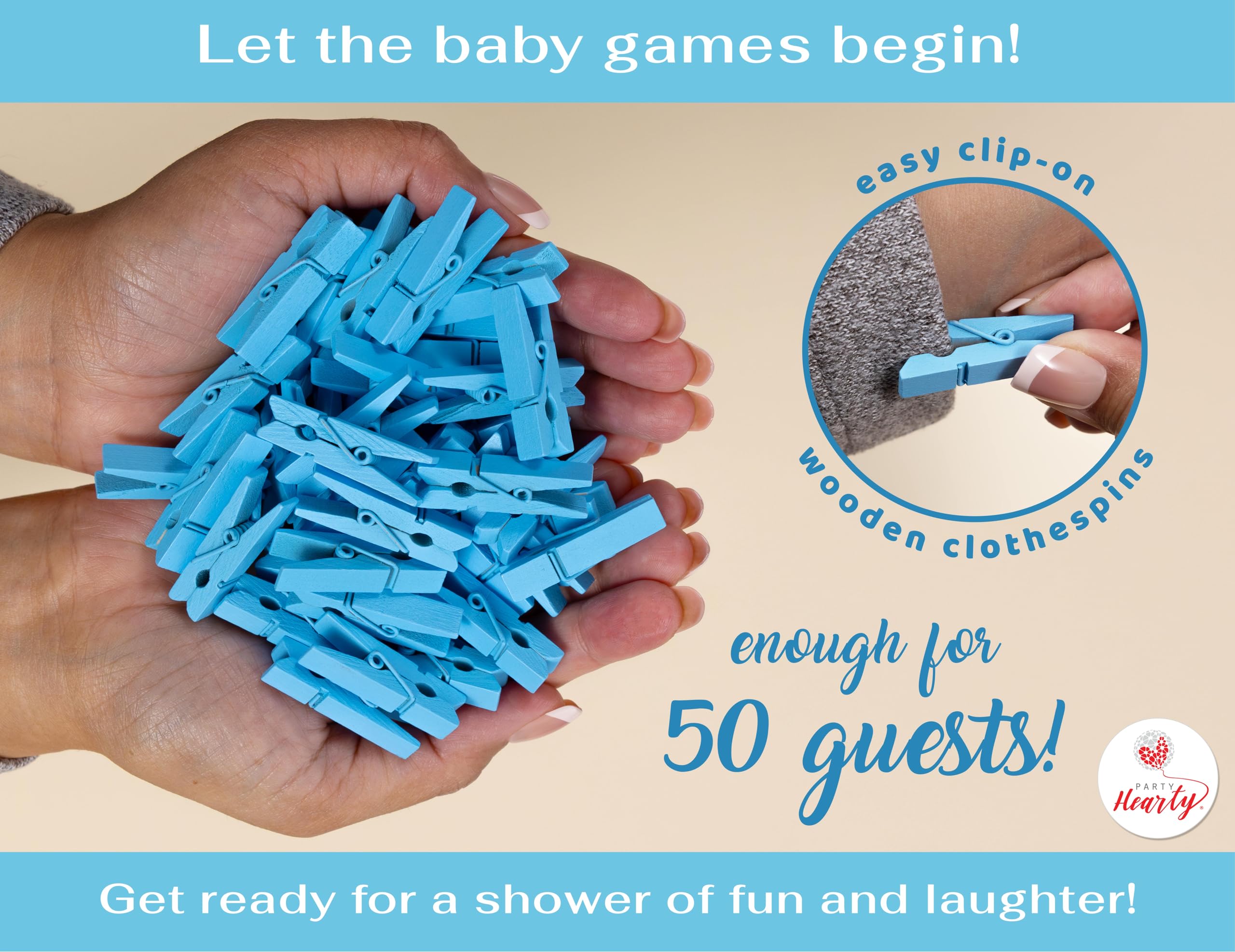 Party Hearty Baby Shower Games for Boy, Don't Say Baby Game,1 Sign and 50 Mini Blue Clothespins, Don't Say Baby Baby Shower Game, Baby Shower Ideas