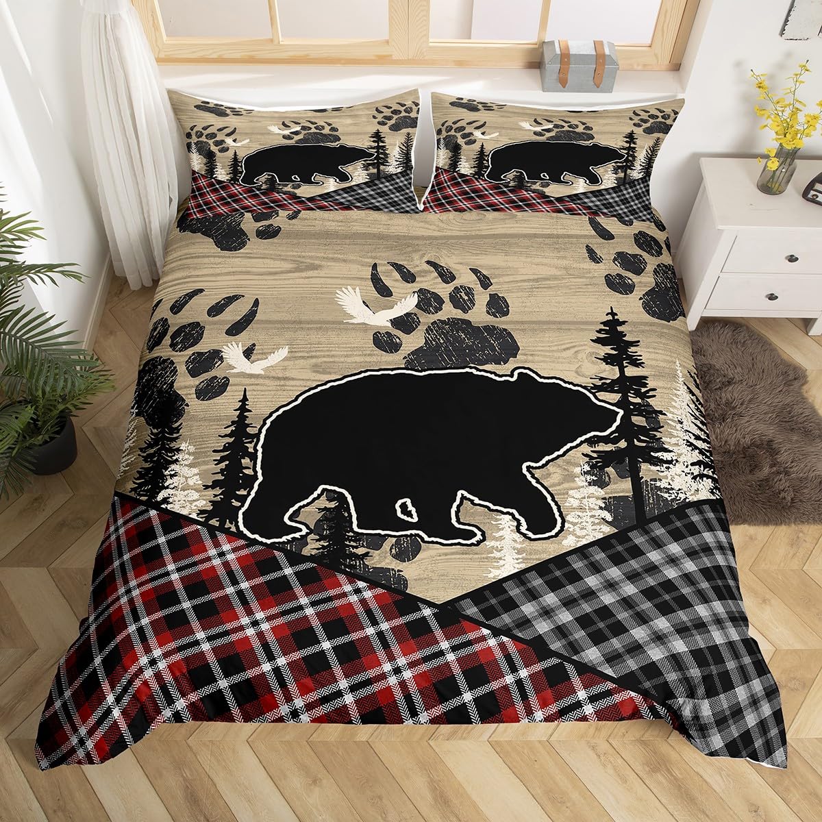 Retro Farmhouse Comforter Cover Bear Patchwork Bedding Set,Brown Wood Country Cabin Duvet Cover King Woodland Animals Dark Shadows Rustic Decor,Red Black Lattice Checkered Buffalo Plaid Decor