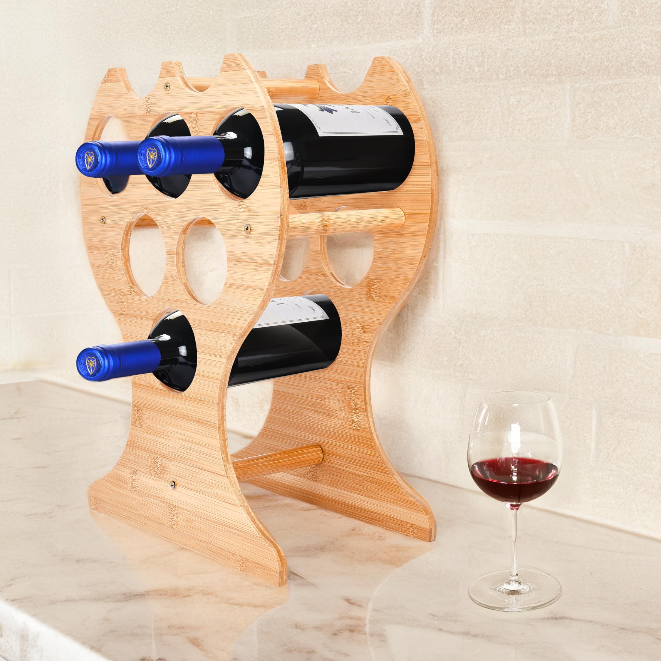 2LB Depot Bamboo Wine Racks Countertop - Stylish & Space-Saving Wooden Holder for 6 Bottles - Eco-Conscious, Easy Assembly - Wine Storage Organizer - Rustic Free-Standing Cellar Racks - 17.3"x12.6"x7"